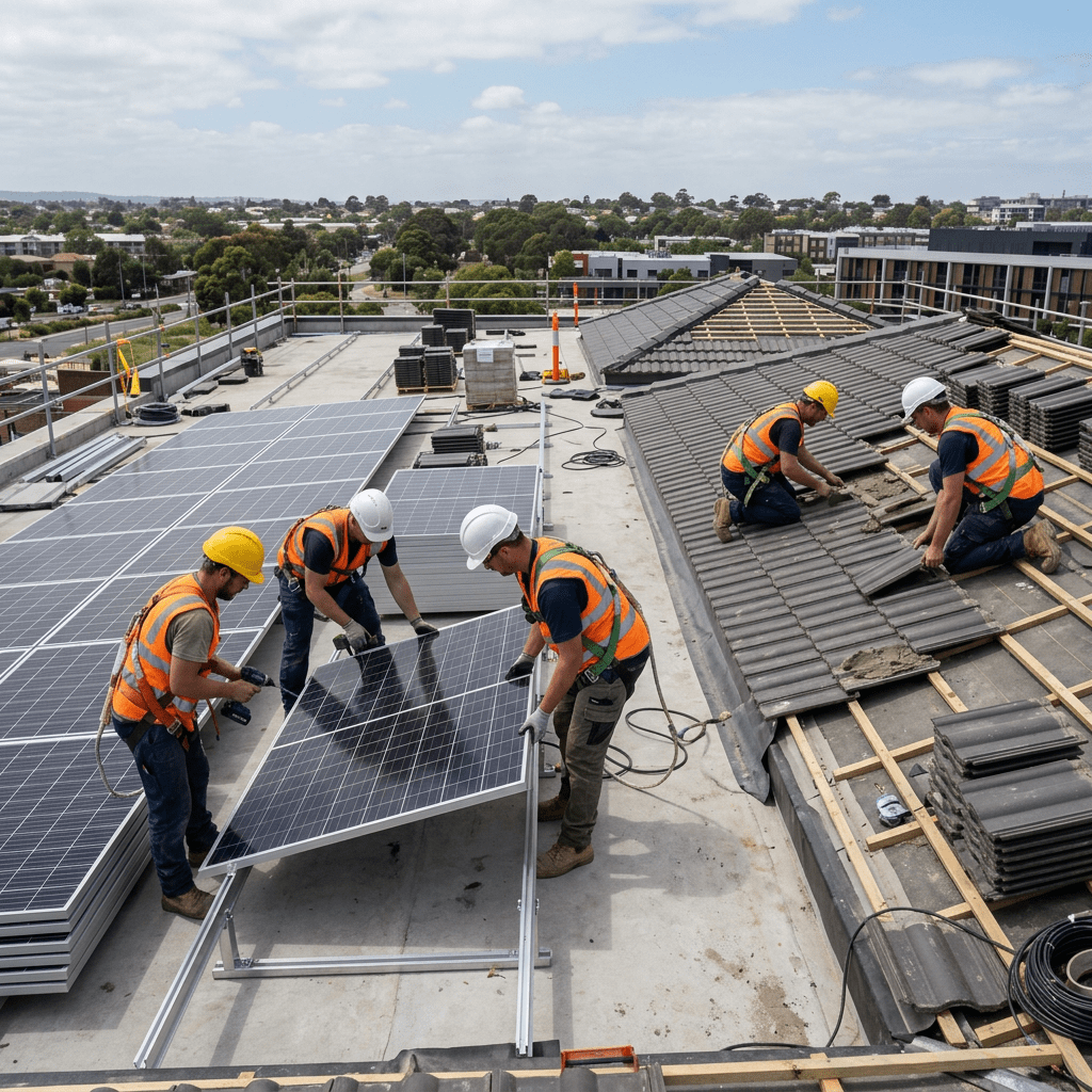 Construction workers installing solar panels and roof tiles on rooftop